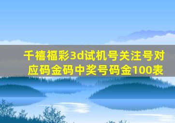 千禧福彩3d试机号关注号对应码金码中奖号码金100表